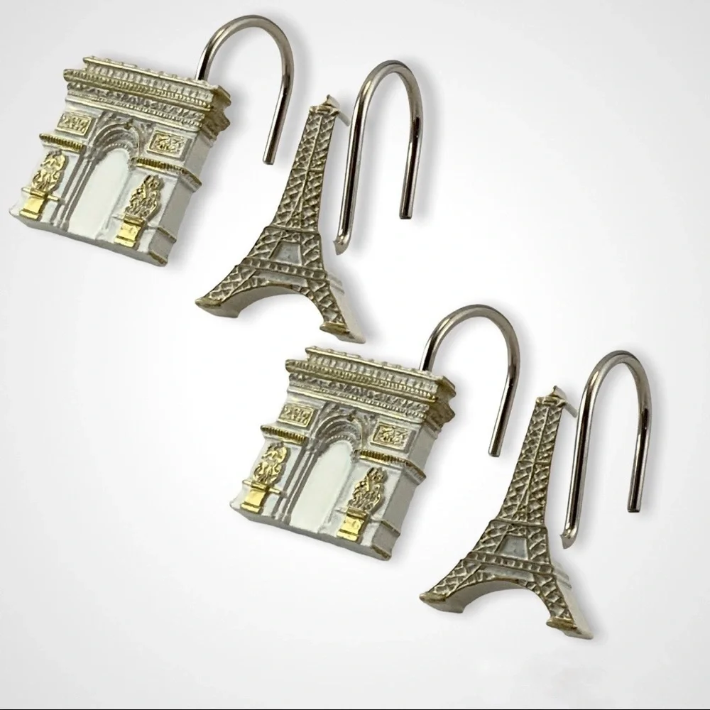 Paris Eiffel Tower Shower Hooks Arc de Triomphe French Resin White Gold 12 PC - Picture 2 of 16